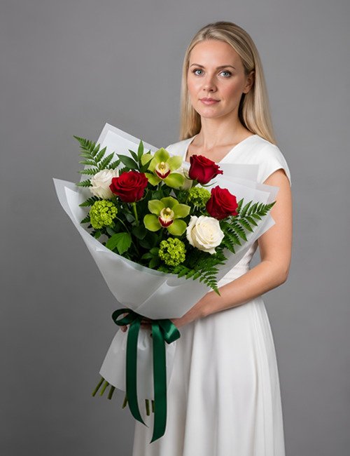 The Victorian Charm bouquet in the photo features Naomi Roses, Avalanche Roses, Cymbidium Orchid Green Zenith, Viburnum and Fern