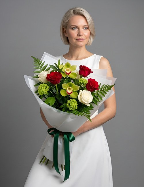 The Victorian Charm bouquet in the photo features Naomi Roses, Avalanche Roses, Cymbidium Orchid Green Zenith, Viburnum and Fern
