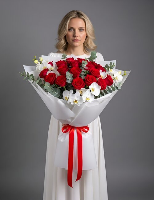 Amour Bloom bouquet is containing Naomi roses, white Cymbidium orchids and eucalyptus.