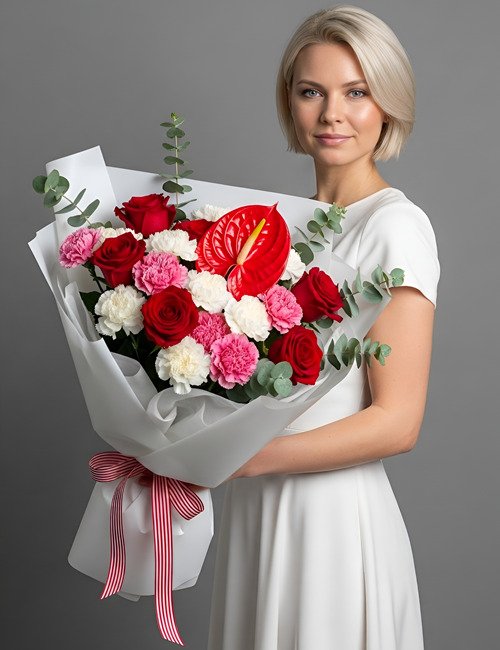 A textured bouquet named Mystic Petals featuring deep crimson roses enveloped in a dense cloud of ruffled pink and white carnations, accented with round silver-green eucalyptus leaves and anthurium.