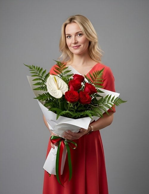The Mystic Petals bouquet features Naomi roses, white anthurium and ferns.