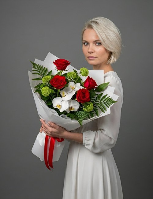 The Rustic Romance bouquet combines Naomi roses, white Cymbidium orchids, viburnum and ferns