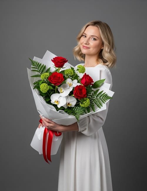 The Rustic Romance bouquet combines Naomi roses, white Cymbidium orchids, viburnum and ferns