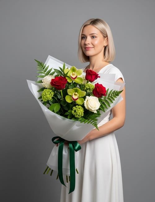 The Victorian Charm bouquet in the photo features Naomi Roses, Avalanche Roses, Cymbidium Orchid Green Zenith, Viburnum and Fern