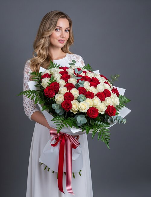 The bouquet Dream of Love is containing red and white roses