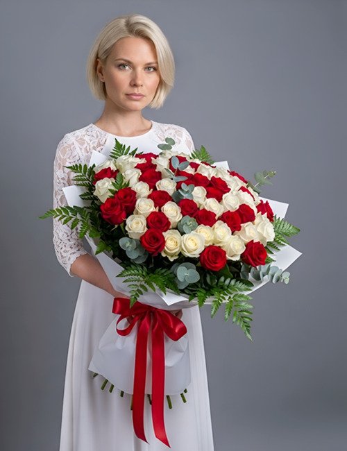 The bouquet Dream of Love is containing red and white roses