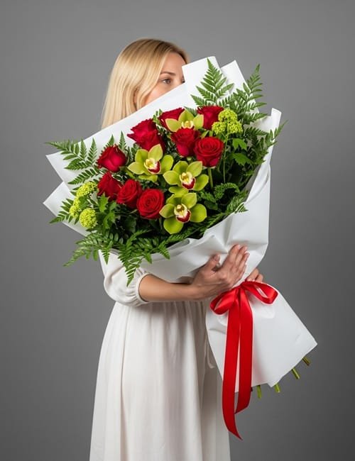 The bouquet Happiness combines Naomi roses, green orchids, Viburnum and ferns.