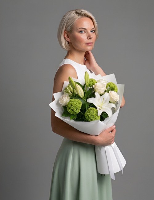 A summer bouquet containing white roses, white lilies, and viburnum