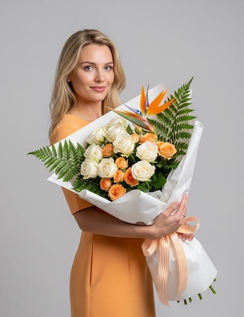 Summer Breeze, contains Avalanche Roses, Orange Spray Roses, Strelitzia and Fern