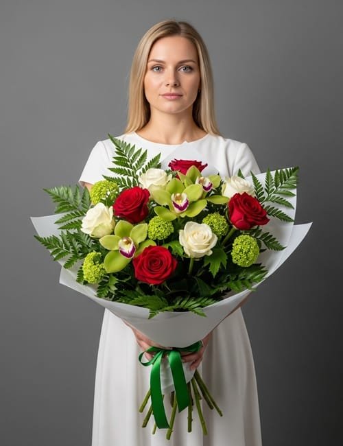 The bouquet Sweet Embrace is containing red and white roses, ferns and viburnums