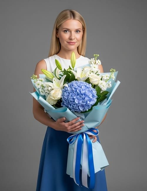 The Serenity bouquet is containing blue hydrangeas, white lilies, white roses and matthiolas