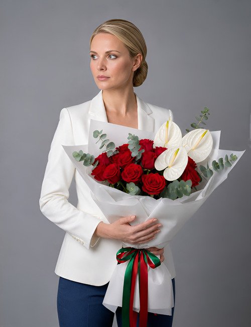 The bouquet Thinking of You is containing Naomi Roses, white Anthuriums and eucalyptus