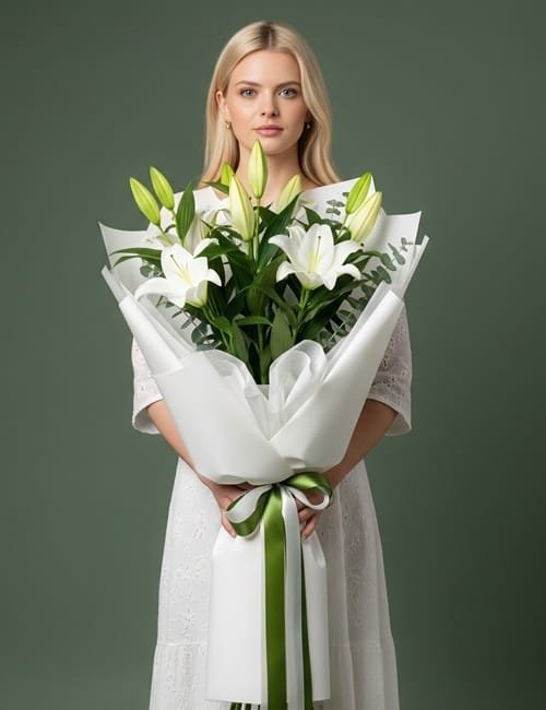 White Lily Bouquet is containing white lilies and green eucalyptus.