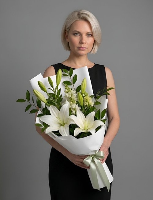 A tall, fragrant 'Blooming Smiles' bouquet featuring ruffled Matthiola stems and large, open Lily blooms accented by a variety of lush decorative greenery.