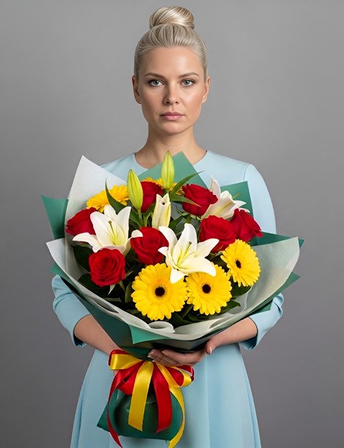 Bright Beginnings bouquet contains Naomi Roses, Gerberas and lilies