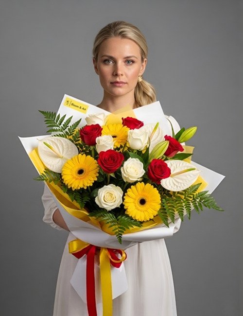 A vibrant 'Candy Blossom' bouquet featuring a mix of red Naomi roses, white Avalanche roses, fragrant lilies, yellow gerberas, and exotic white anthurium accented with green ferns.