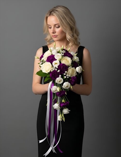 The "Cherished Moments" bouquet held by the woman consists of 5 branches of white Avalanche roses, 11 branches of purple carnations, and 7 branches of white eustoma.