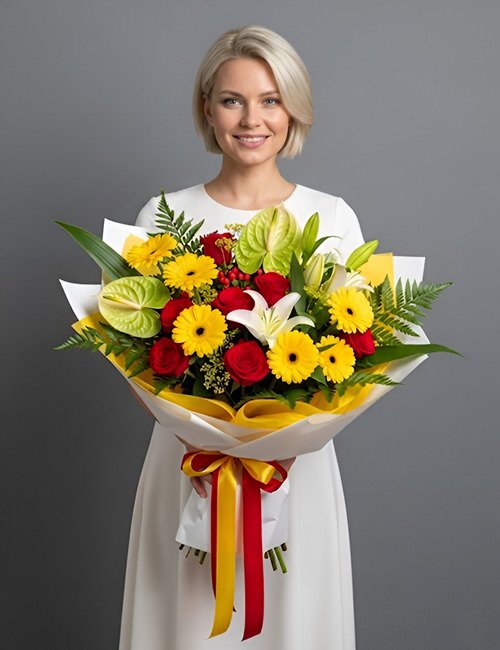 A vibrant 'Colorful Flowers' bouquet featuring red Naomi roses, bright gerberas, white lilies, and exotic red anthuriums, accented with purple limonium, red hypericum berries, and lush greenery.