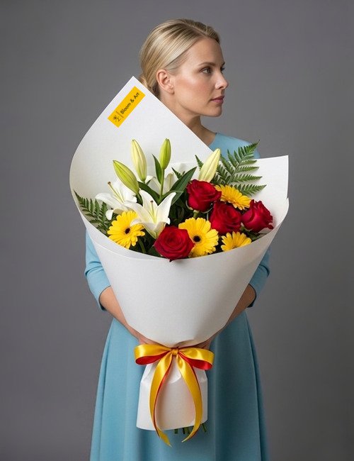 Confetti Flowers bouquet contains Naomi Roses, yellow Gerbera, lilies and ferns