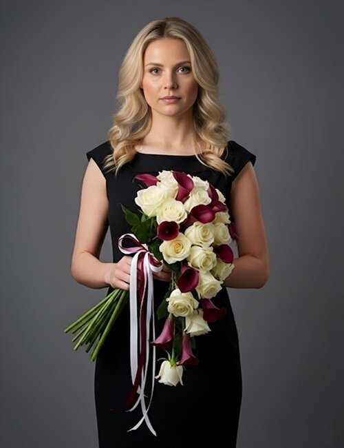 The bouquet Eternal Serenity, containing Avalanche roses and calla lilies.