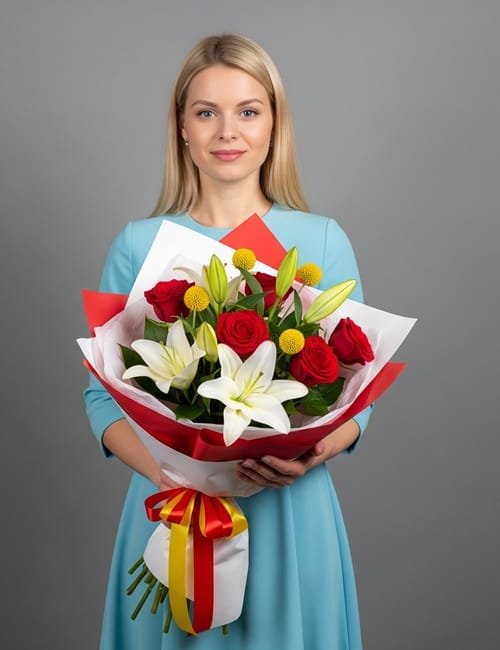 The Fairy Tale Flowers bouquet is containing Naomi Roses, White Lilies, and Craspedia