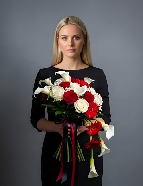 Forever in Bloom bouquet contains red and white roses, calla lilies, gerberas and gypsophilas.