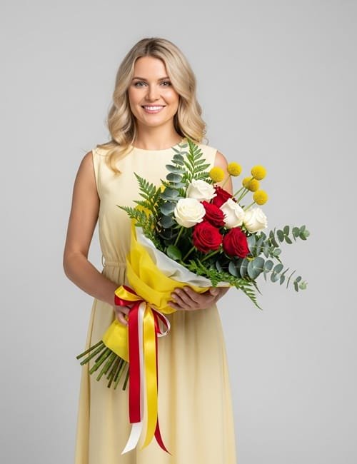 Forever Young Blooms bouquet contains Naomi Roses, Avalanche Roses, Craspedia, eucalyptus, and fern