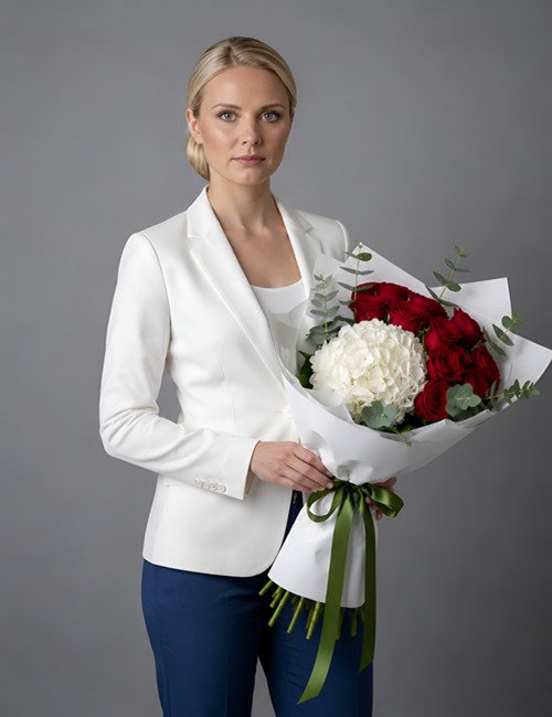 Graceful Wishes bouquet contains Naomi Roses, white hydrangea and eucalyptus.
