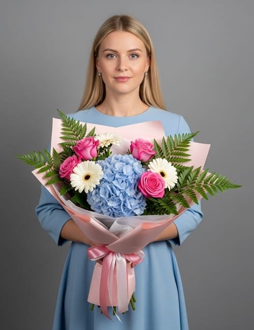 The Happy Hugs bouquet containing Sweet Unique Roses, Blue Hydrangea, White Gerbera daisies, and Fern