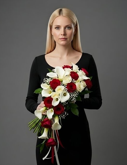 The bouquet Heartfelt Tribute contains Avalanche roses, red gerberas and white eustomas.