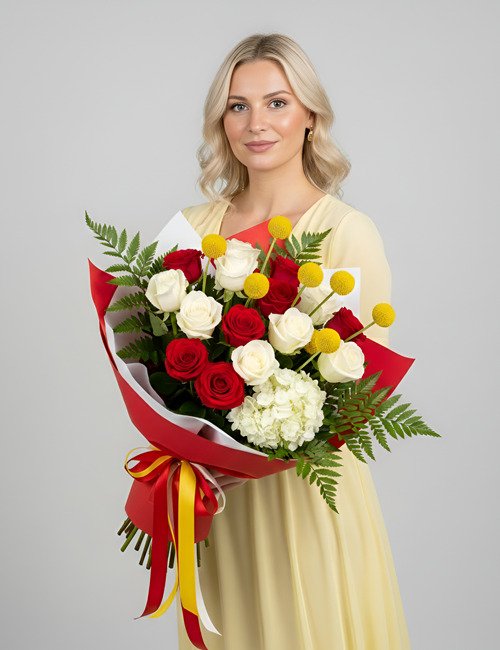 Joyful Wishes bouquet contains Naomi Roses, Avalanche Roses, Craspedia, white hydrangea, and fern.