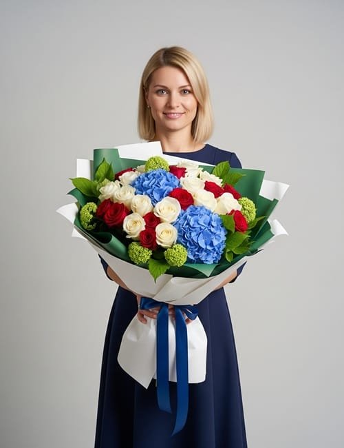 The Little Wonders bouquet is containing Naomi Roses, white Avalanche Roses, Blue Hydrangea and Viburnum