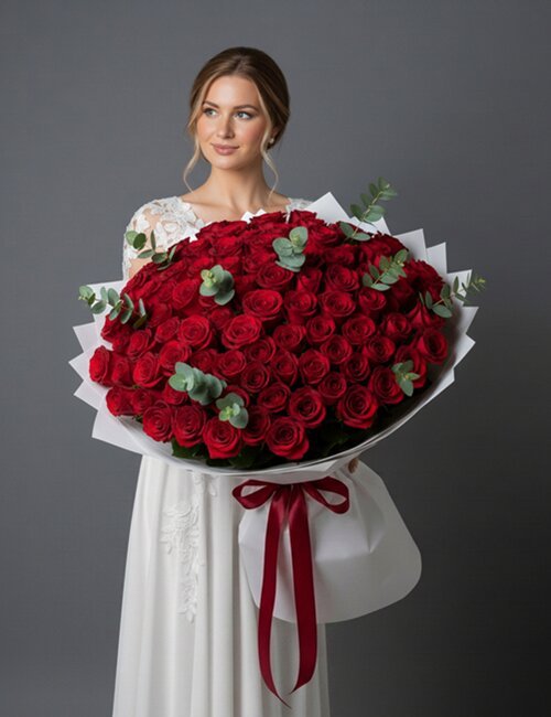 "Love's Serenade" bouquet features red Naomi roses, ferns and eucalyptus.