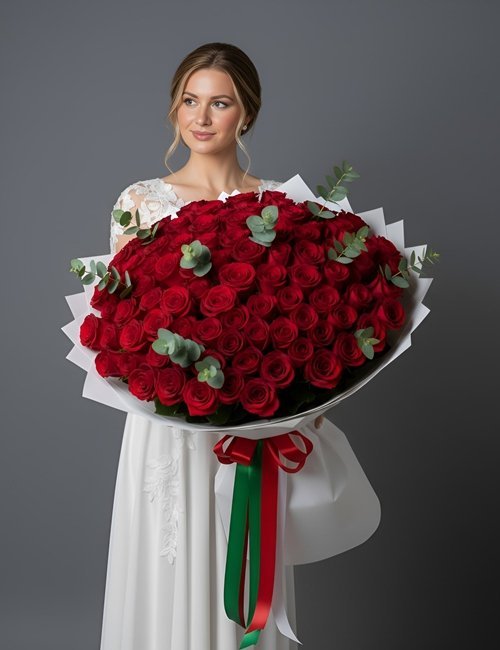 "Love's Serenade" bouquet features red Naomi roses, ferns and eucalyptus.