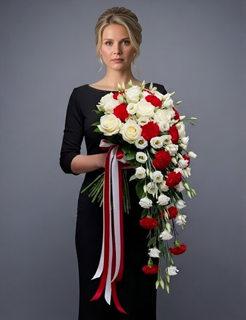 The bouquet Loving Farewell, contains white avalanche roses, white eustoma and red carnations.