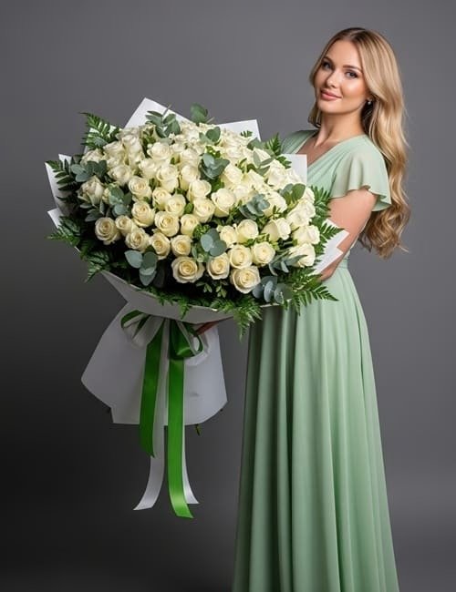 The large bouquet Luxury White Roses contains one hundred white roses, ferns and eucalyptus.