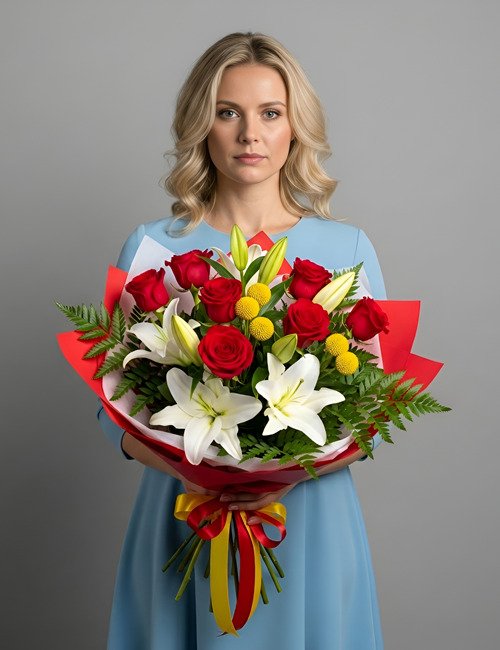 Magic Flower Garden features Naomi Roses, White Lilies, Crespedia and Fern.