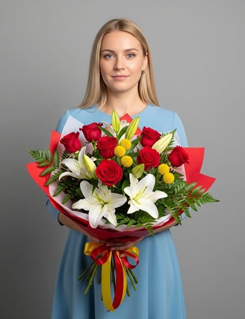 Magic Flower Garden features Naomi Roses, White Lilies, Crespedia and Fern.