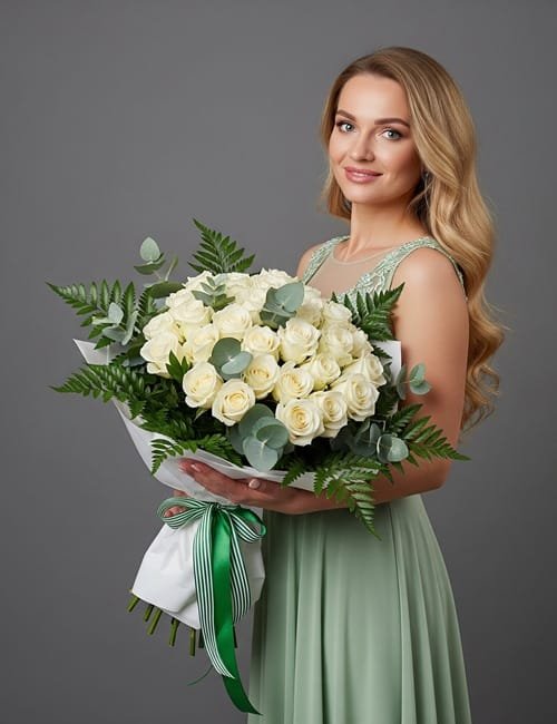 The bouquet Moonlight Petals contains large-headed white roses, dark green ferns, and eucalyptus.