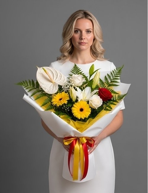 A festive 'Party Petals' bouquet featuring red Naomi roses, white Avalanche roses, yellow gerberas, and exotic white anthuriums with lilies and greenery.