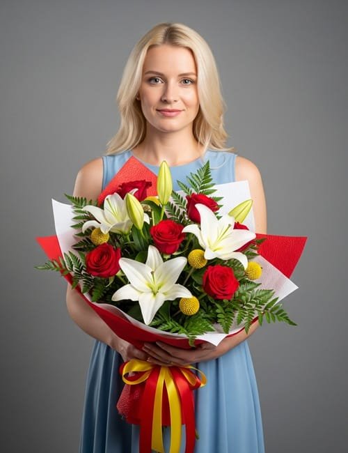 Party Petals bouquet contains Naomi Roses, lilies, Craspedia and fern.