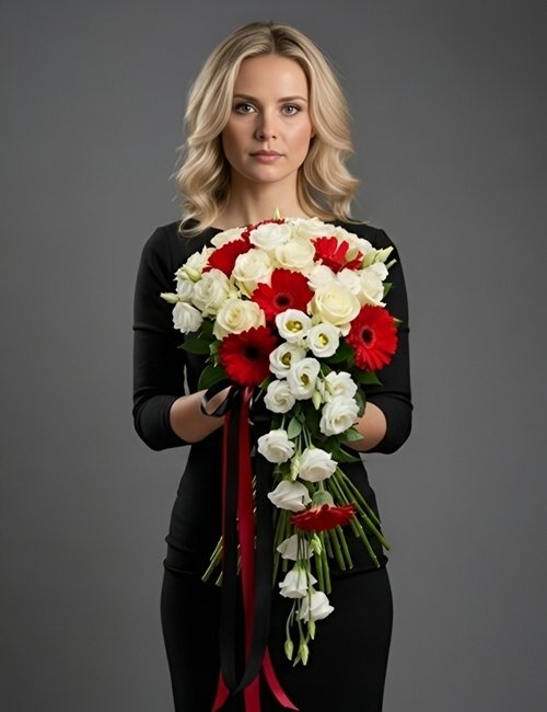 The funeral bouquet Peaceful Memories, containing white avalanche roses, red gerberas and white eustomas.