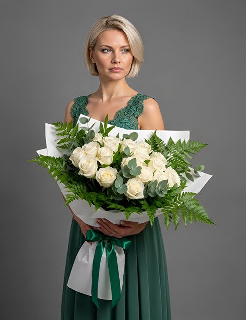 The bouquet Pearl Blossom, contains twenty white roses, ferns, and eucalyptus.