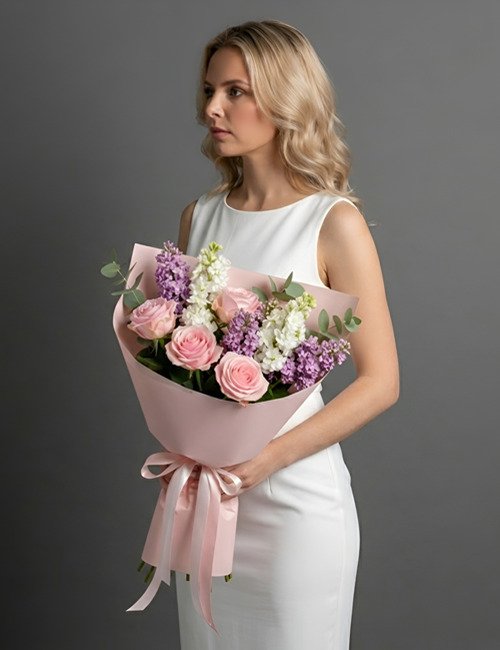 The Princess Petals bouquet, containing Pink Roses, Purple and White Lilacs with Eucalyptus