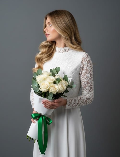 The bouquet Pure Feelings, contains eight white roses and eucalyptus.