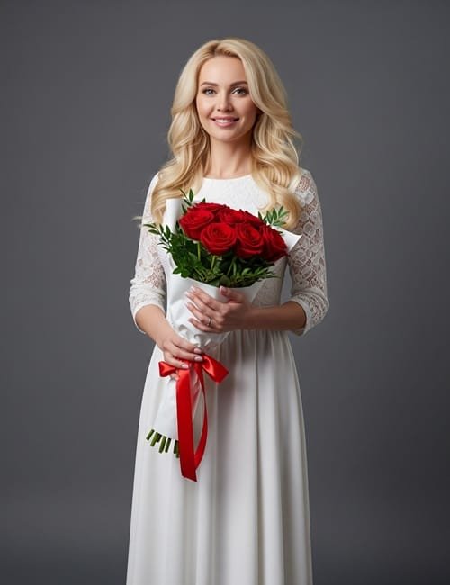 The bouquet Red Elegance contains red roses and ferns.