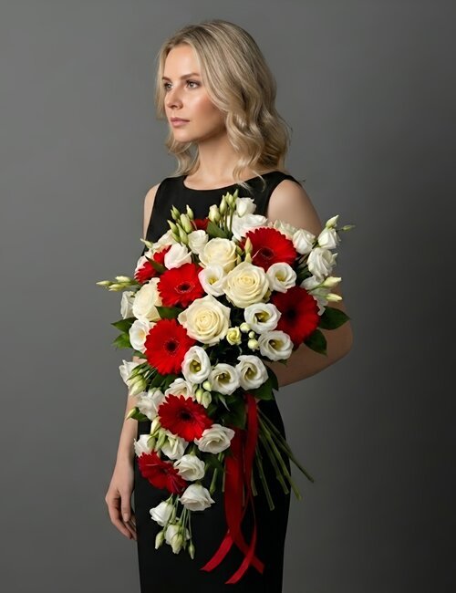 The bouquet Serene Farewell, containing Avalanche roses, red gerberas and white eustomas.