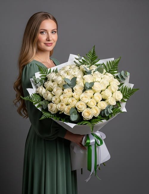 Stylish White bouquet, includes white roses, fern, eucalyptus.