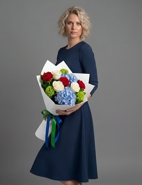 Sweet Celebration bouquet contains Naomi Roses, Avalanche Roses, blue hydrangeas and viburnum