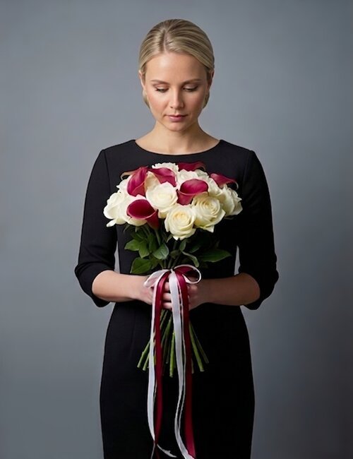 The bouquet Tender Remembrance consisting avalanche roses and burgundy calla lilies.